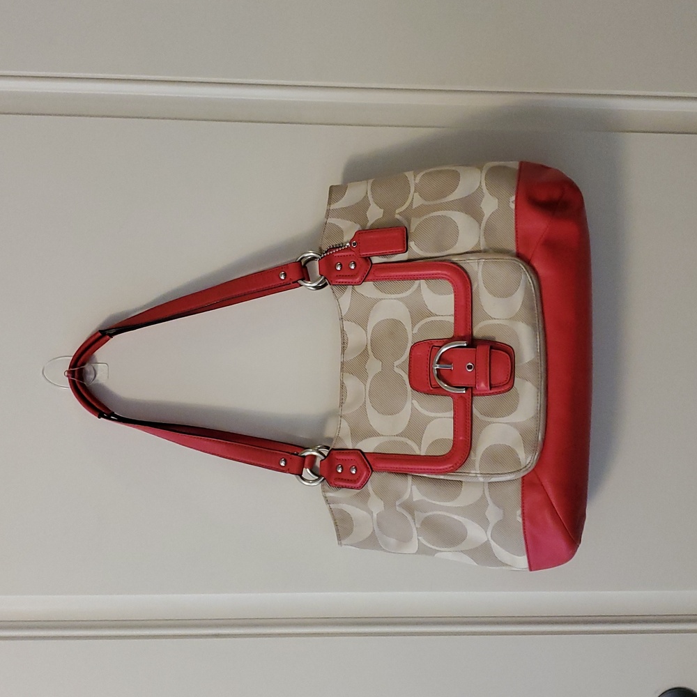 Coach Campbell Signature Belle Carryall Tote – Khaki & Pomegranate Pink Leather - Picture 4 of 10
